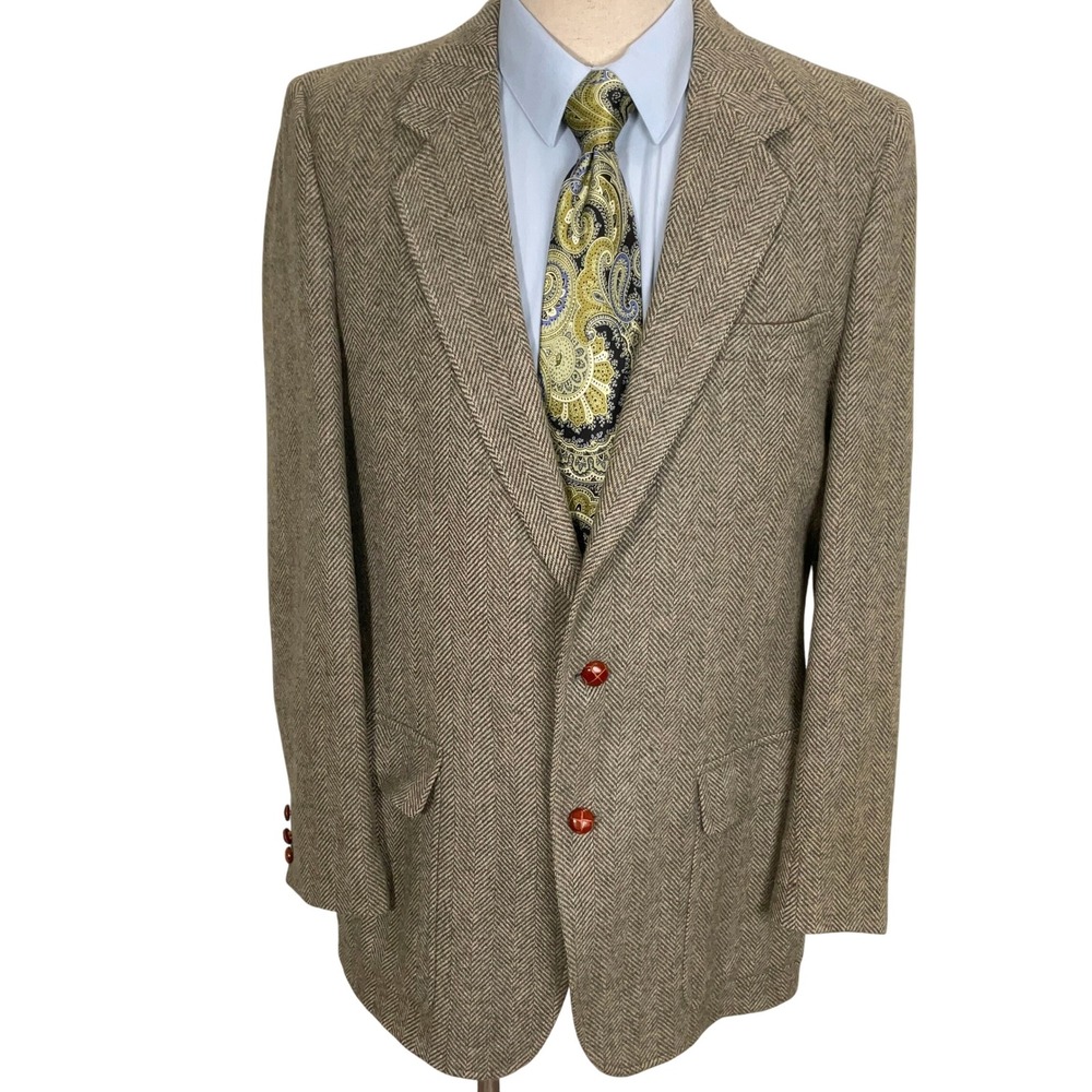 Man In Wool Blazer‎ Men 43R Green Tan Herringbone Classic Menswear Wool Jacket